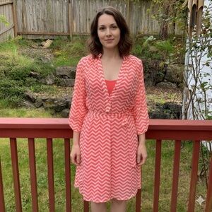 Coral Chevron Striped Chiffon Dress Small